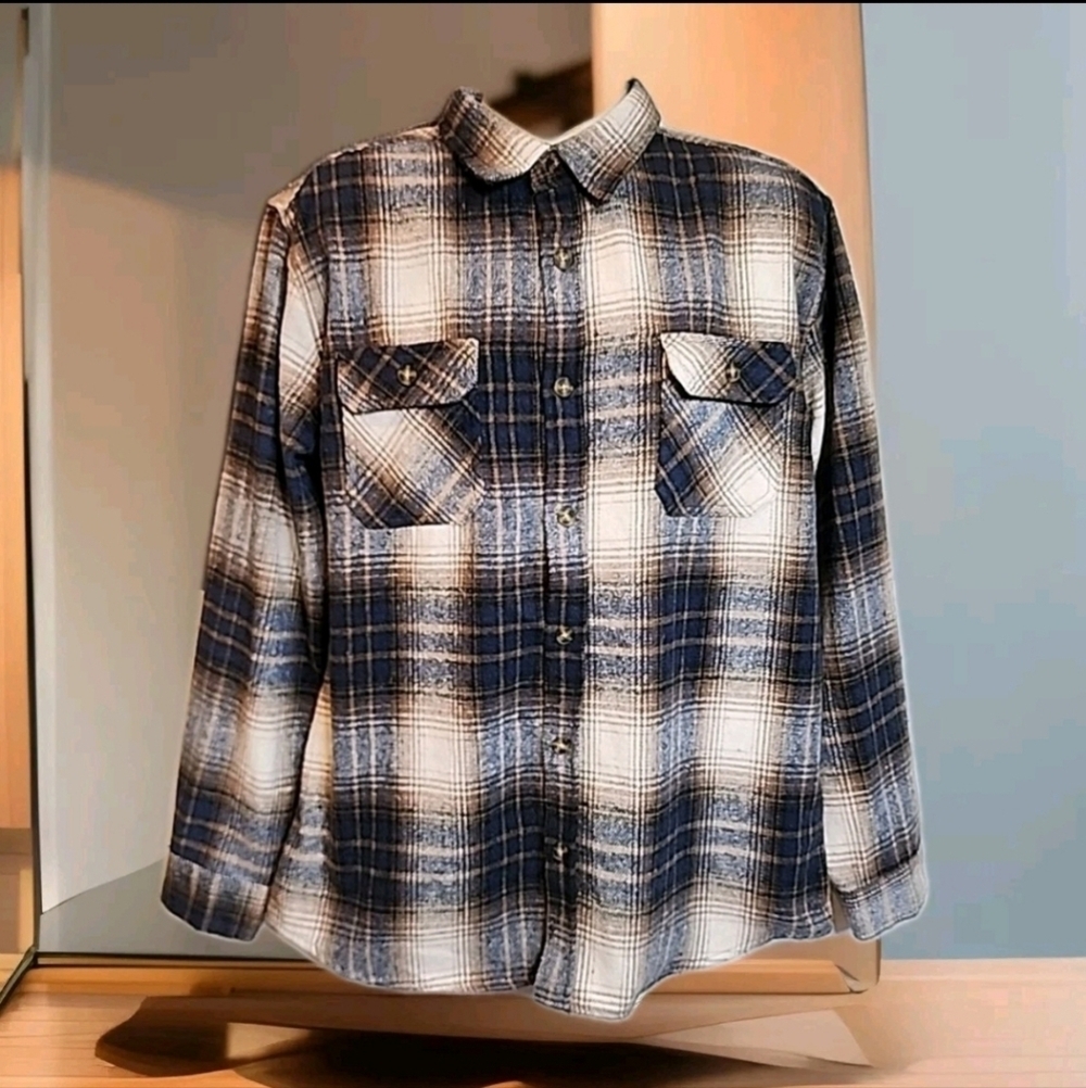 Molokai Surf Plaid Flannel Shirt Long Sleeve Button Up Blue Brown Men Large